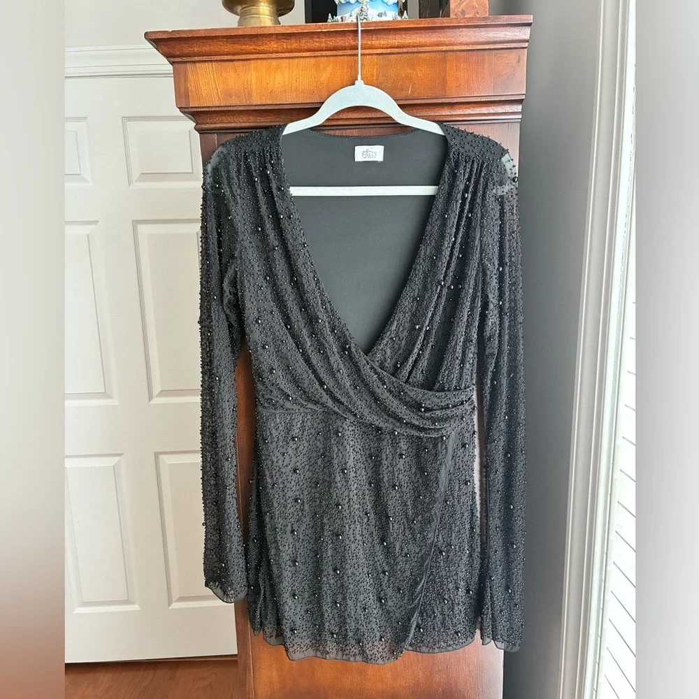 Oh Polly Chelsea Embellished Wrap Over A-Line Mini Dress – Black - Picture 3 of 10